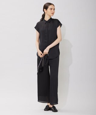 ICB 【接触冷感・洗える】サテンヨウリュウ フレンチスリーブシャツ ブラック系