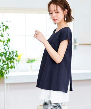 Tiaclasse 【洗える】 異素材を組み合わせたバックシャンカットチュニックブラウス ネイビー