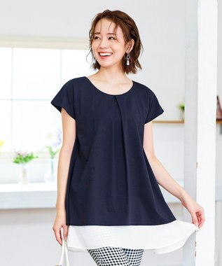 Tiaclasse 【洗える】 異素材を組み合わせたバックシャンカットチュニックブラウス ネイビー