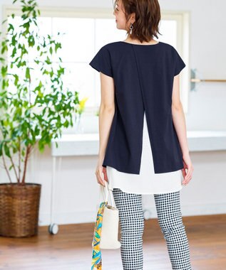 Tiaclasse 【洗える】 異素材を組み合わせたバックシャンカットチュニックブラウス ネイビー