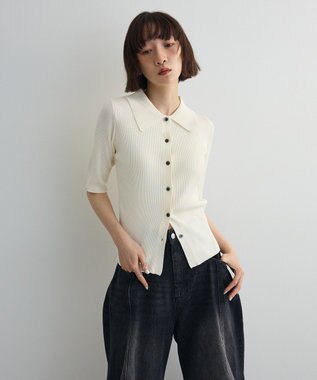 Green Parks ポロ襟5分袖リブニット Off White