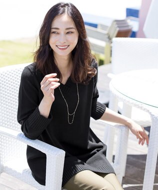 Tiaclasse L 【洗える】Vネックリブニットチュニック ブラック