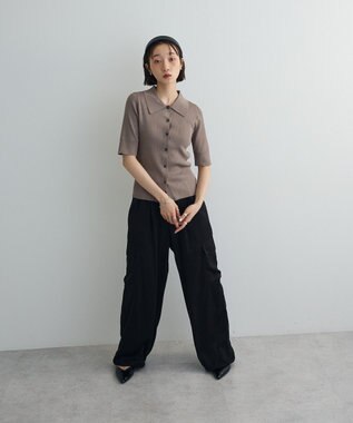 Green Parks ポロ襟5分袖リブニット Gray Beige