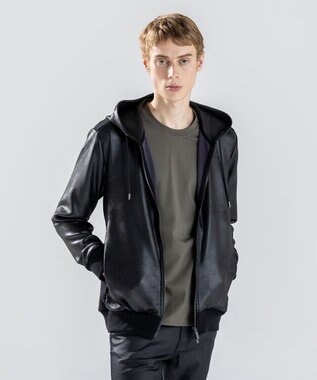 新素材【ストレッチ/光沢感】レザーライクジャージーコンビ　フーディー