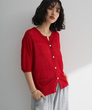 Green Parks スキッパー半袖ニットカーディガン Red