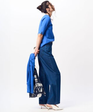 23区 L 【洗える】コンフォートストレッチ 5分袖 ニット ブルー系