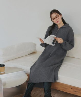 Tiaclasse 【洗える】ハーフジップリブニットワンピース チャコールグレー