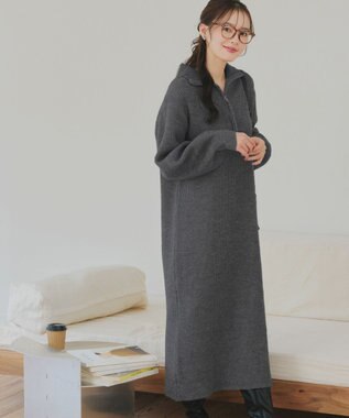 Tiaclasse 【洗える】ハーフジップリブニットワンピース チャコールグレー