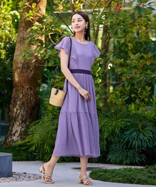 Tiaclasse L 【洗える】シフォンチェック配色フリルワンピース ラベンダー×パープル