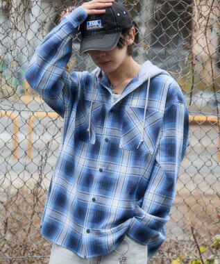 WEGO 【ユニセックス着用ITEM/MLサイズ展開】オンブレチェックフードシャツ（LS） ブルーチェック1