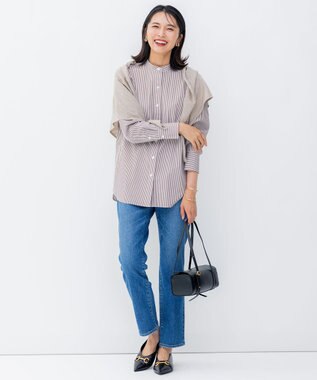 23区 L 【洗える】CANCLINI バンドカラー シャツ ダークブラウンストライプ