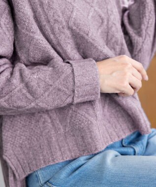 Tiaclasse L 【洗える】アラン柄キーネックニットトップス ラベンダー