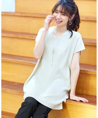 Tiaclasse L 【洗える】さらりと肌離れの良いフレンチスリーブニットチュニック エクリュ