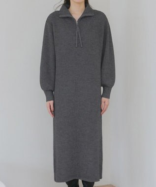 Tiaclasse 【洗える】ハーフジップリブニットワンピース チャコールグレー