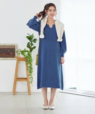 Tiaclasse L 【洗える】パフスリーブリブ編みニットワンピース ブルー