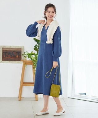 Tiaclasse L 【洗える】パフスリーブリブ編みニットワンピース ブルー