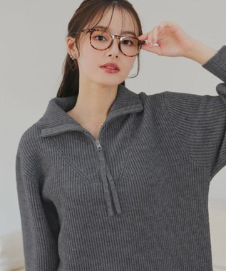 Tiaclasse 【洗える】ハーフジップリブニットワンピース チャコールグレー