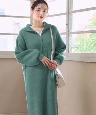 Tiaclasse 【洗える】ハーフジップリブニットワンピース グリーン