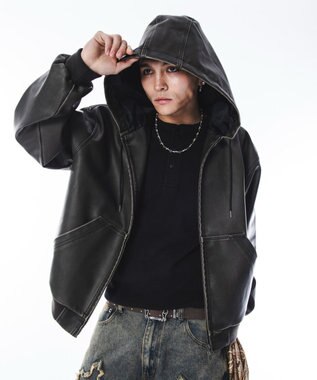 WEGO 【ユニセックス着用ITEM】PUフードブルゾン ブラウン