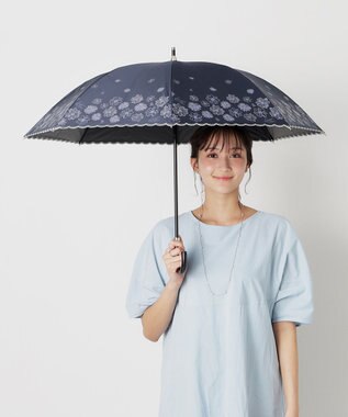 MOONBAT 【遮光率100％/遮熱/UV】LANVIN en Bleu (ランバン オン ブルー)晴雨兼用日傘 フラワーグリッター シルバースカラ刺繍 花柄 長傘 ディープブルー