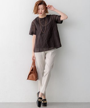 23区 【先行予約】シアーチェックレイヤード フレア Tブラウス ダークブラウン系