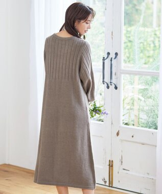 Tiaclasse 【洗える】パフスリーブリブ編みニットワンピース モカ