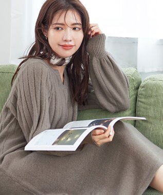 Tiaclasse 【洗える】パフスリーブリブ編みニットワンピース モカ