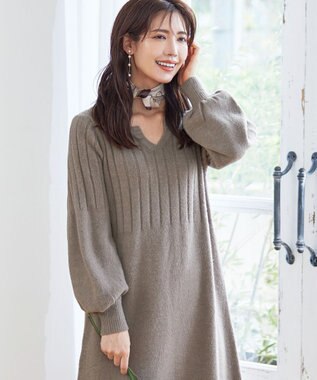 Tiaclasse 【洗える】パフスリーブリブ編みニットワンピース モカ