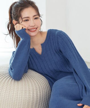 Tiaclasse 【洗える】パフスリーブリブ編みニットワンピース ブルー