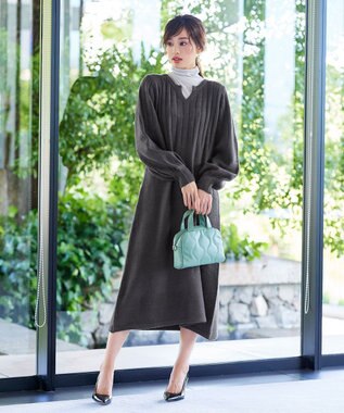 Tiaclasse L 【洗える】パフスリーブリブ編みニットワンピース チャコール