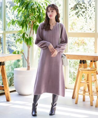 Tiaclasse 【洗える】パフスリーブリブ編みニットワンピース ピンク