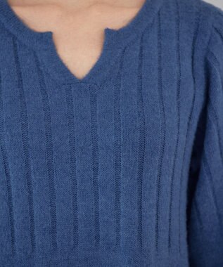 Tiaclasse 【洗える】パフスリーブリブ編みニットワンピース ブルー