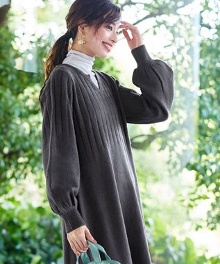 Tiaclasse L 【洗える】パフスリーブリブ編みニットワンピース チャコール