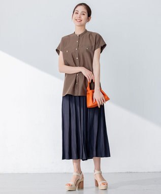 組曲 【洗える・涼感】シアーボイルバンドカラー ブラウス ダークブラウン系