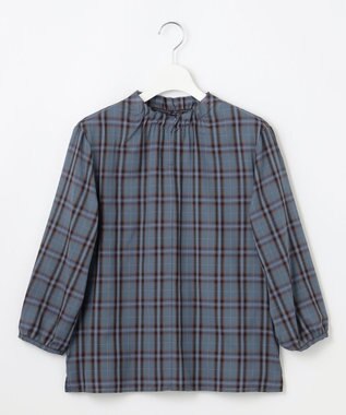 J.PRESS LADIES L プロビスストライプチェック フリルネック カットソー ブルーチェック系