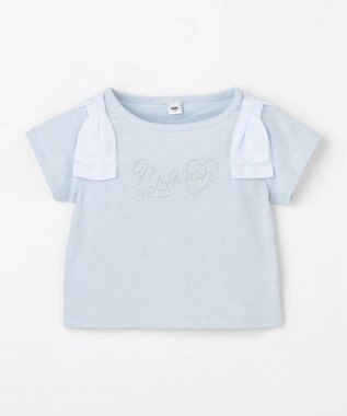ANY KIDS 【綿100%】肩リボン×ラインストーンロゴ 半袖Tシャツ サックスブルー