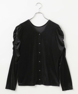 #Newans 【洗濯機可／ 前後着用可】 ギャザースリーブシアーベロアカーディガン ブラック