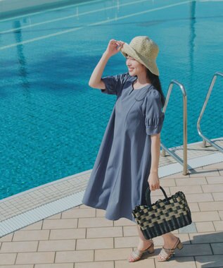 Tiaclasse 【選べる着丈・新色追加】ギャザーランタンスリーブワンピース 膝丈ブルー