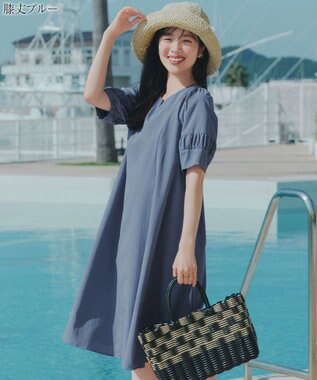 Tiaclasse 【選べる着丈・新色追加】ギャザーランタンスリーブワンピース 膝丈ブルー