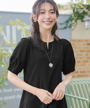 Tiaclasse 【選べる着丈・新色追加】ギャザーランタンスリーブワンピース ミモレ丈ブラック