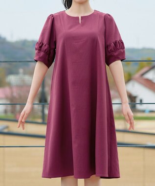 Tiaclasse 【選べる着丈・新色追加】ギャザーランタンスリーブワンピース 膝丈プラム