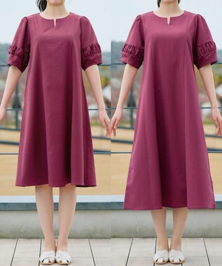 Tiaclasse 【選べる着丈・新色追加】ギャザーランタンスリーブワンピース 膝丈プラム