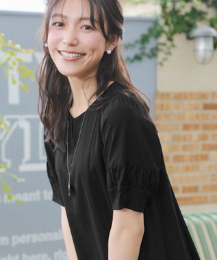 Tiaclasse 【選べる着丈・新色追加】ギャザーランタンスリーブワンピース ミモレ丈ブラック