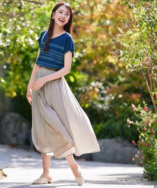 Tiaclasse L 【洗える】マルチボーダーフレンチスリーブニット ターコイズ×ブルー