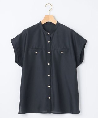 組曲 【洗える・涼感】シアーボイルバンドカラー ブラウス ネイビー系