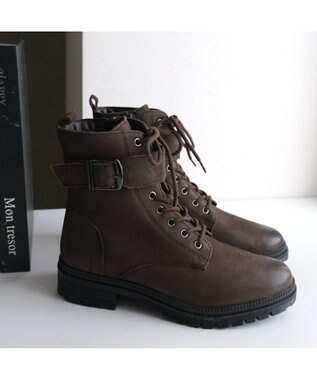 Pointer 本革 足首ベルトレースアップブーツ ダークブラウン