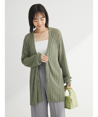 Green Parks 推しニット　リブ編みミドル丈カーディガン Khaki