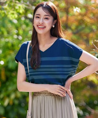 Tiaclasse L 【洗える】マルチボーダーフレンチスリーブニット ターコイズ×ブルー