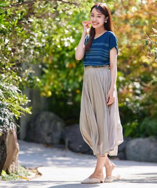 Tiaclasse L 【洗える】マルチボーダーフレンチスリーブニット ターコイズ×ブルー