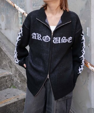 WEGO クロスダメージニットBIGブルゾン ブラック